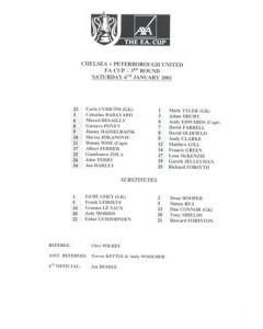 Chelsea v Peterborough official teamsheet 06/01/2001 F.A. Cup