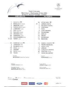 Chelsea v Porto teamsheet 29/09/2004