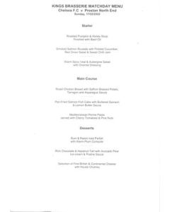 Chelsea v Preston North End Kings Brasserie menu 17/02/2002