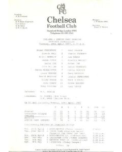 Chelsea v Queen's Park Rangers official teamsheet 14/04/1987 Reserves