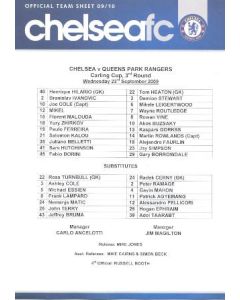Chelsea v Queen's Park Rangers teamsheet 23/09/2009 Carling Cup