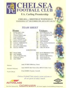 Chelsea v Sheffield Wednesday official colour teamsheet 29/12/1999 Premier League