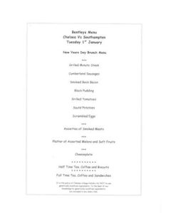 Chelsea v Southampton Bentleys menu 01/01/2002