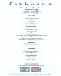 Chelsea v Southampton Fishnets menu 01/01/2002