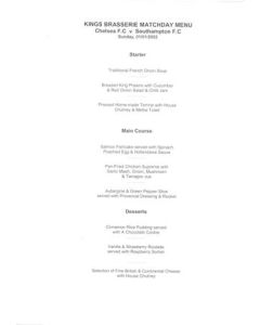 Chelsea v Southampton Kings Brasserie menu 01/01/2002