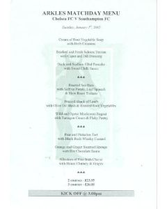 Chelsea v Southampton Arkles menu 01/01/2002