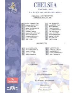 Chelsea v Southampton official colour teamsheet 01/01/2002 Premier League