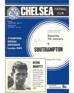 Chelsea v Southampton official programme 07/01/1967 Football League, token missing and hence half price