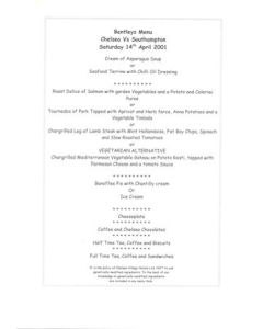 Chelsea v Southampton Bentley's menu 14/04/2001
