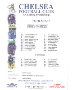 Chelsea v Southampton official colour teamsheet 14/04/2001 Premier League