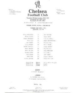 Chelsea v Sothampton official teamsheet 23/04/1991