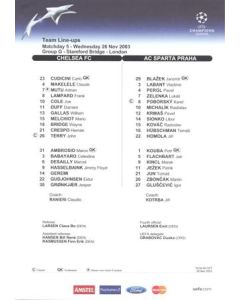 Chelsea v Sparta Prague official colour teamsheet 26/11/2003 Champions League