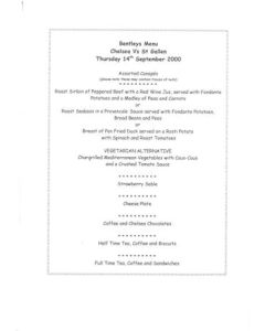 Chelsea v St. Gallen Switzerland Bentley's menu 14/09/2000