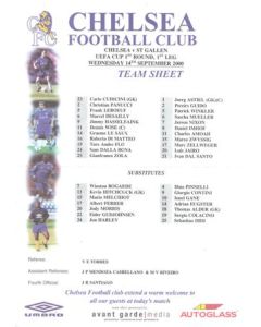 Chelsea v St. Gallen Switzerland official colour teamsheet 14/09/2000 UEFA Cup