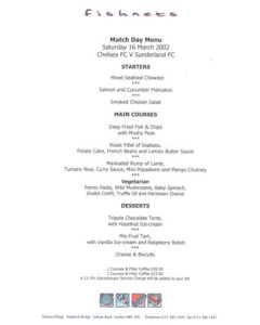 Chelsea v Sunderland Fishnets menu 16/03/2002