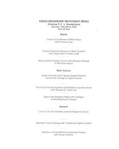 Chelsea v Sunderland King's Brasserie menu 16/03/2002