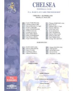 Chelsea v Sunderland official colour teamsheet 16/03/2002 Premier League