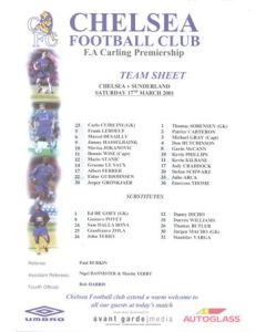 Chelsea v Sunderland official colour teamsheet 17/03/2001 Premier League