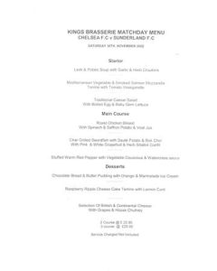 Chelsea v Sunderland King's Brasserie menu 30/11/2002