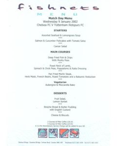 Chelsea v Tottenham Hotspur Fishnets menu 09/01/2002 Football League