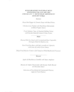 Chelsea v Tottenham Hotspur Kings Brasserie menu 09/01/2002 Football League