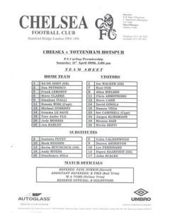 Chelsea v Tottenham Hotspur official teamsheet 11/04/1998 Premier League