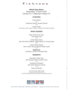 Chelsea v Tottenham Hotspur Fishnets menu 13/03/2002