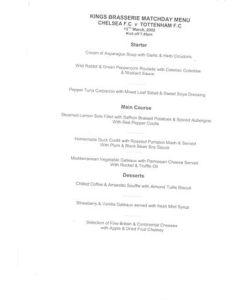 Chelsea v Tottenham Hotspur Kings Brasserie menu 13/03/2002