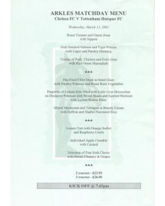 Chelsea v Tottenham Hotspur Arkles menu 13/03/2002