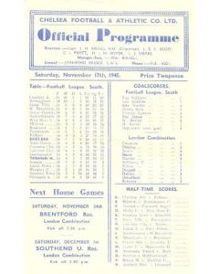 Chelsea v Tottenham Hotspur official programme 17/11/1945