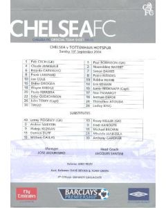 Chelsea v Tottenham Hotspur official teamsheet 19/09/2004