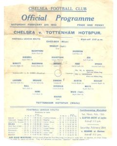 Chelsea v Tottenham Hotspur official programme 06/02/1943