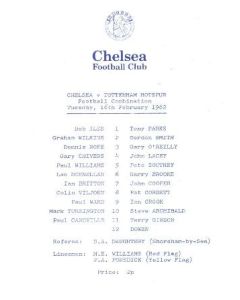Chelsea v Tottenham Hotspur Official Programme 16/02/1982 Reserves