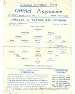 Chelsea v Tottenham Hotspur official programme 27/03/1943
