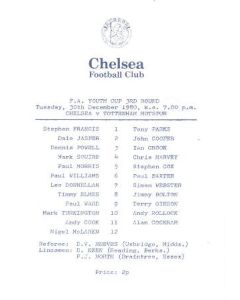 Chelsea v Tottenham Hotspur official programme 30/12/1980 Youth Cup
