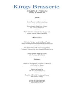 Chelsea v Viking King's Brasserie menu 19/09/2002 UEFA Cup