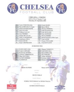 Chelsea v Viking official colour teamsheet 19/09/2002 UEFA Cup