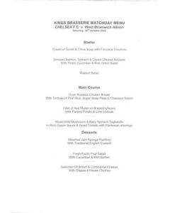 Chelsea v West Bromwich Albion King's Brasserie menu 26/10/2002