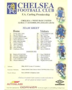Chelsea v West Ham United official colour teamsheet 07/11/1999 F.A .Carling Ptremiership