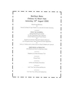 Chelsea v West Ham United Bentley's menu 19/08/2000