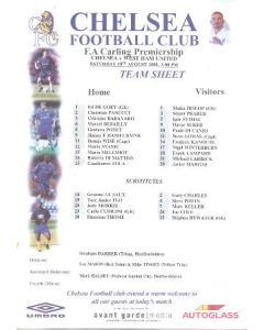 Chelsea v West Ham United official colour teamsheet 19/08/2000 F.A .Carling Ptremiership