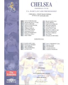 Chelsea v West Ham United official colour teamsheet 20/01/2002 F.A .Barclaycard Ptremiership