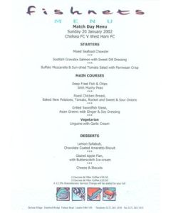 Chelsea v West Ham United Fishnets menu 20/01/2002 Premier League