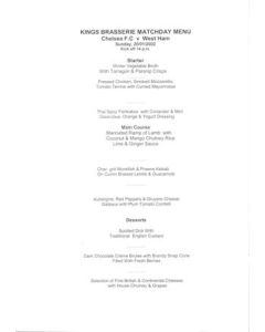 Chelsea v West Ham United King's Brasserie menu 20/01/2002 Premier League
