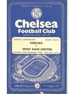 Chelsea Reserves v West Ham United Reserves official programme 20/09/1958