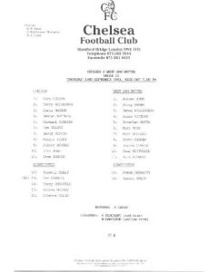 Chelsea v West Ham United Reserves official teamsheet 23/09/1993 Football Combination