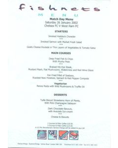Chelsea v West Ham United Fishnets menu 26/01/2002 F.A. Cup