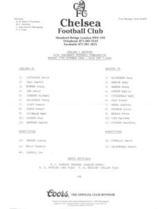 Chelsea v Watford Reserves official teamsheet 17/10/1994 Football Combination