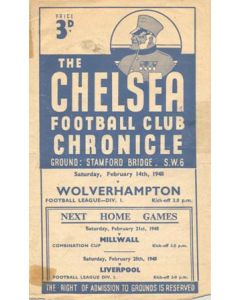 Chelsea v Wolverhampton Wanderers official programme 14/02/1948 Football League