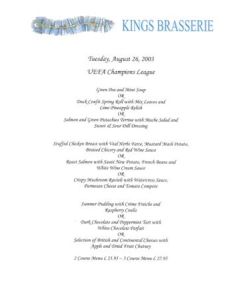 Chelsea v Zilina Moldova King's Brasserie menu 26/08/2003 Champions League
